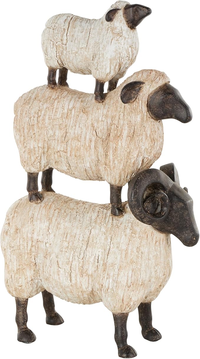Deco 79 Polystone Sheep Stacked Sculpture with Black Accents, 9" x 4" x 15", Cream
