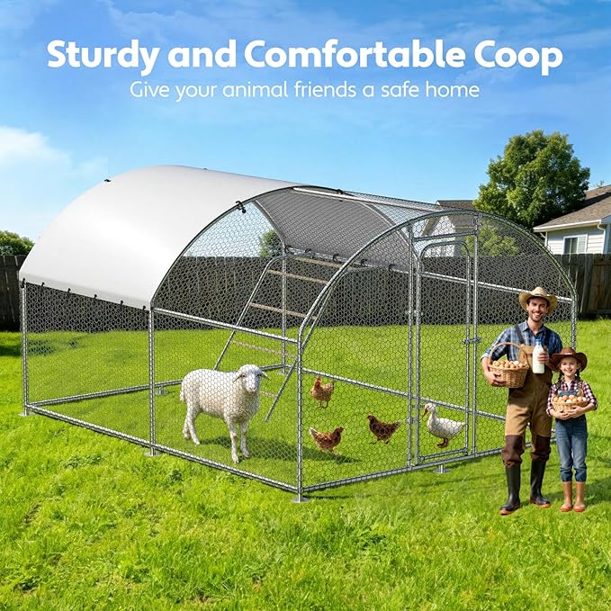 Large Metal Chicken Coop with Roosting Perch Walk-in Poultry Cage Chicken Run House Chicken Pen Dome Shaped Coop with Waterproof Cover for Outdoor Backyard Farm Use(10' L x 13.2' W x 6.4' H)