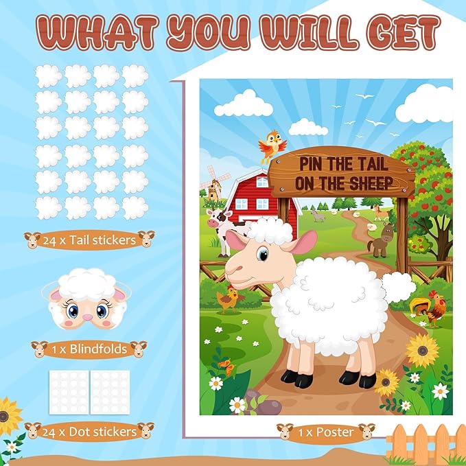 Faccito Farm Animal Games Pin The Tail on The Animals Barnyard Birthday Party Decorations Farm Poster Games with 24 Stickers 2 Eye Masks for Family Activities Birthday Party Decor Supplies (Sheep)