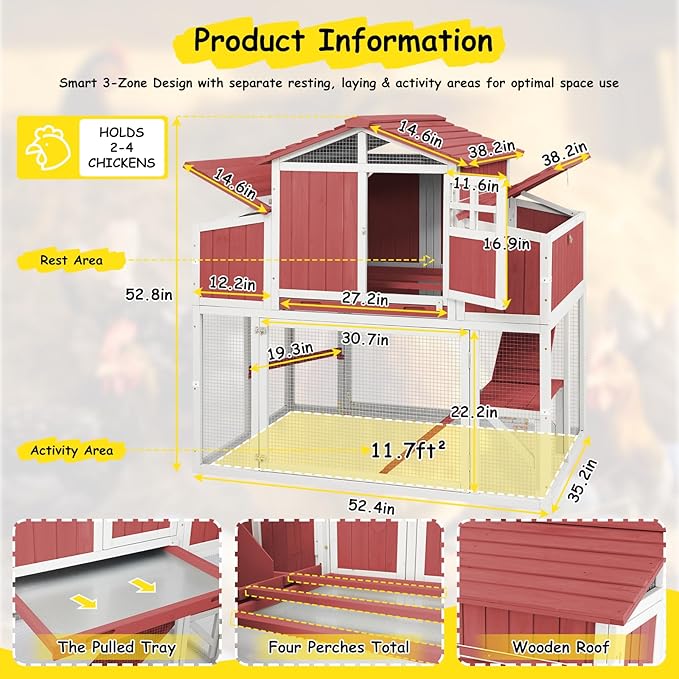 Large Outdoor Wooden Chicken Coop with Run for 2–4 Chickens, 2-Tier Elevated Hen House with Dual Nesting Boxes, Removable Slide-Out Tray, Reinforced Frame, Backyard Poultry Cage, Red