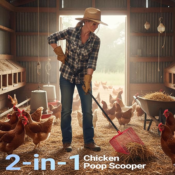 Chicken Poop Scooper with 12" Wide Heavy Duty Litter Shovel and Adjustable 25–73" Steel Handle, Multi-Section Detachable Pole Poop Rake for Easy Chicken Coop Cleaning, Durable Metal Accessories
