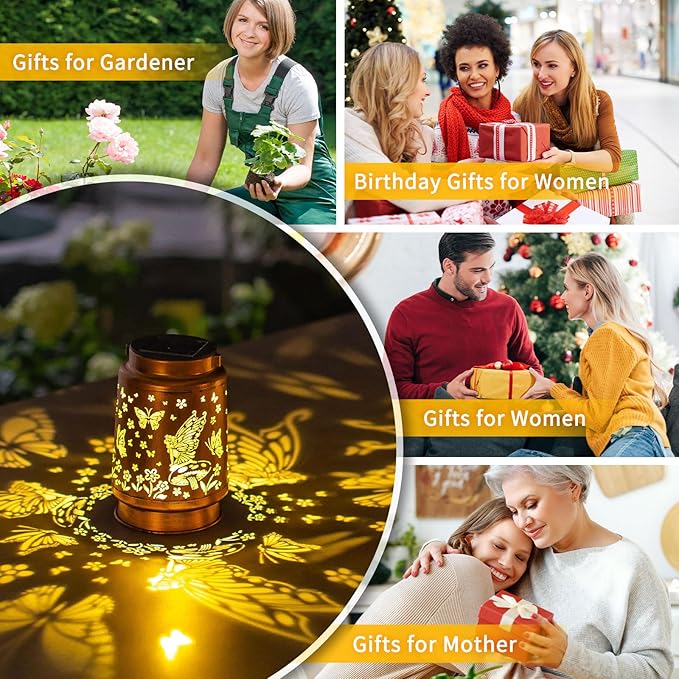Fairy Solar Lanterns Outdoor Waterproof Hanging Solar Lights Butterfly Gifts for Women Mom Grandma Metal Decorative LED Lantern Outside for Yard,Patio,Lawn,Porch,Backyard,Garden Decor