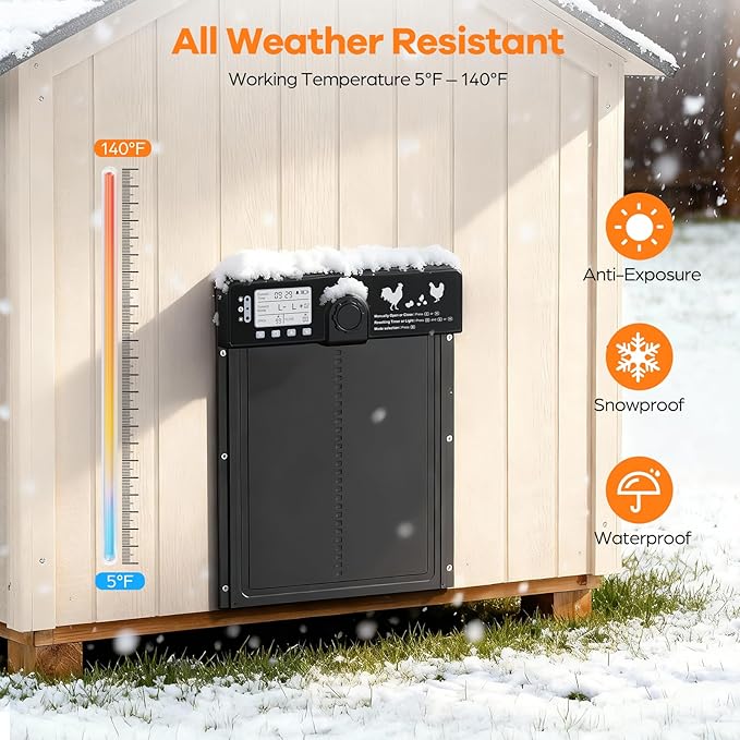 7W Solar Powered Automatic Large Chicken Coop Door with 4 Mode LCD Display, 49ft Remote Control, Timer, Light Sensor, USB-C Charger, Weatherproof Aluminum Alloy Door Applicable to Poultry Duck Coop