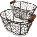 CVHOMEDECO. Metal Wire Small Egg Baskets Rust Fruit Baskets with Wooden Handle Country Vintage Style Storage Baskets. Set of 2