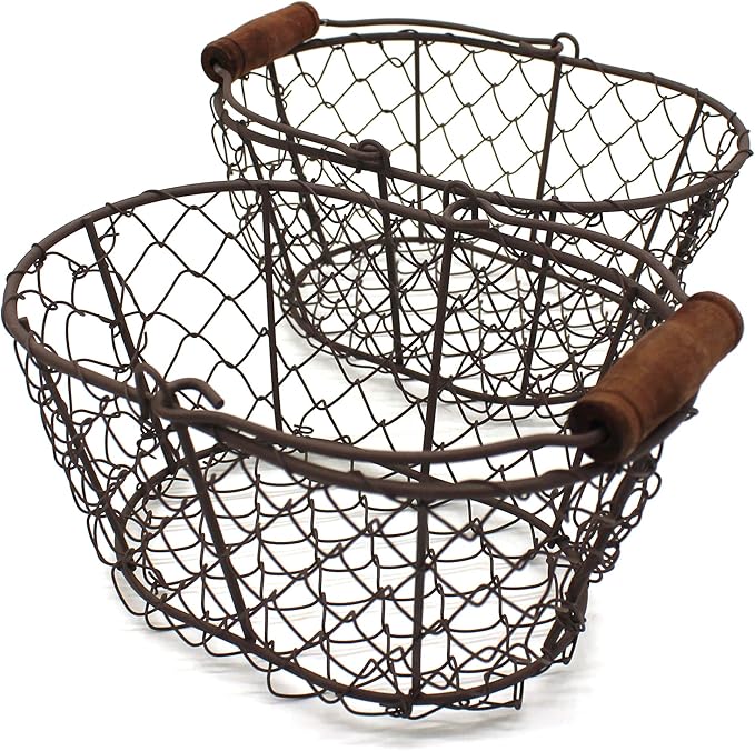 CVHOMEDECO. Metal Wire Small Egg Baskets Rust Fruit Baskets with Wooden Handle Country Vintage Style Storage Baskets. Set of 2