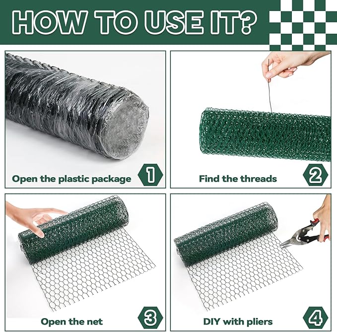 15.7” x 157” Chicken Wire for Floral Arrangements, 0.6” Hexagonal PVC Coated Galvanized Chicken Wire Mesh, Green Lightweight Fencing Wire for Garden
