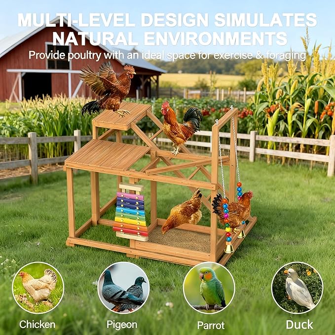 Chicken Perch with Swing Xylophone Removable Feeder/Bath Wooden Roosting Bar Toy for Farms Easy to Clean