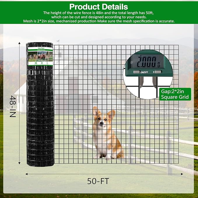 Wire Fence, 48 in(H) X 50 ft(L) PVC Coated Welded Wire Fencing 2" X 2" 16GA Garden Border Vinyl Metal Chicken Wire Fencing Mesh Roll for Yard Vegetable Plant Protection Poultry Netting Black