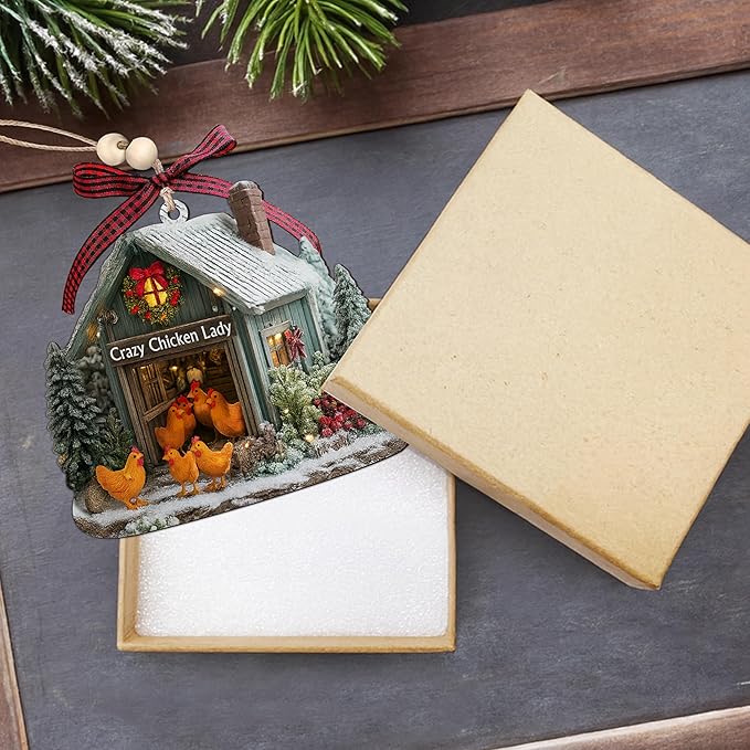 Chicken Ornaments for Christmas Tree 2025 - Farmhouse Decorations Gifts for Chicken Lovers, Farmers, Women, Men - 2D Flat Chicken House Farm Wooden Ornament