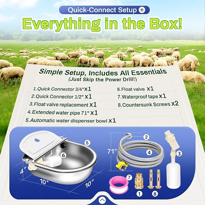 Automatic Animal Drinking Water Bowl with Float Valve, Extended Pipe & Drain Hole, Stainless Steel Waterer Feeder Farm Dog Dispenser Kit Self Filling for Livestock Horse Goat