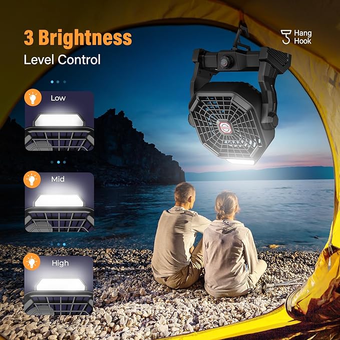 10400mAh Solar Fan with LED Lantern, Camping Fan with 7W Solar Panel, Rechargeable Solar Powered for Outside, Quiet Battery Operated Tent for Picnic, Barbecue, Fishing, Travel