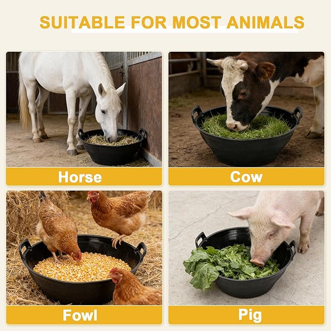 4Pcs Rubber and Plastic Feed Pan with Handle, 3 Gallon / 12 Quart Plastic Feed Pan Utility Horse Feed Bucket for Cats Dogs Goats Chicken Dust Bath Container Animal Feeding Watering Bowl