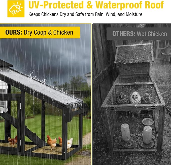 Aivituvin Mobile Chicken Coop with Wheels for 2-4 Chickens, Backyard Expandable Chicken House Duck Cage with Run, 2 Nesting Boxes, Easy Clean Pull-Out Tray, Leak-Resistant Asphalt Roof, 72.3"(Black)