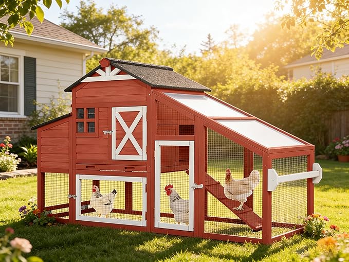 Aivituvin Chicken Coop Mobile Chicken House on Wheels, Rabbit Hutch Bunny Cage Expandable Wooden Poultry Cage with Large Nesting Box Leakproof Pull-Out Tray,UV-Resistant Roof (Red, AIR32)