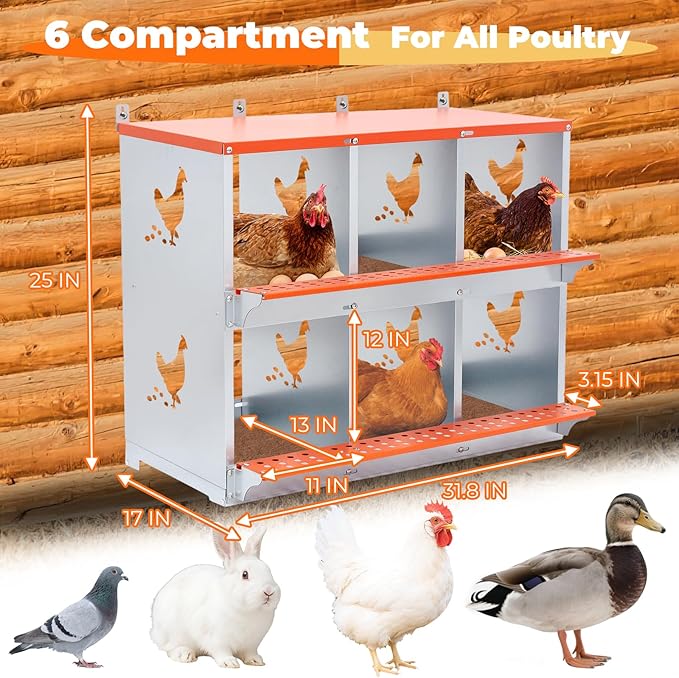 Chicken Nesting Box, 6 Compartment Metal Nesting Boxes for Chickens, Wall Mountable Chicken Laying Boxes, Easy Egg Collection, with Nesting Pads, Indoor & Outdoor Use, 31.8" L x 17" W x 25" H
