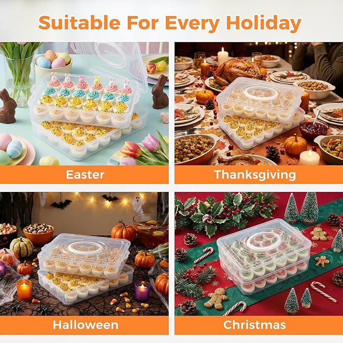 HANSGO Deviled Egg Containers with Lid, 2-Layer Plastic Detachable Deviled Egg Carrier for 48 Eggs, Clear Storage Tray for Refrigerator, Kitchen, Party, Travel, Family Gatherings, Easy to Transport