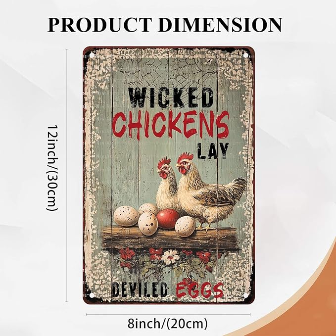 Wicked Chickens Lay Deviled Eggs Metal Signs Vintage Room Decor Aesthetic Wall Art Tin Sign Gift for Garage Bathroom Living Room Man Cave Bar 8X12Inch