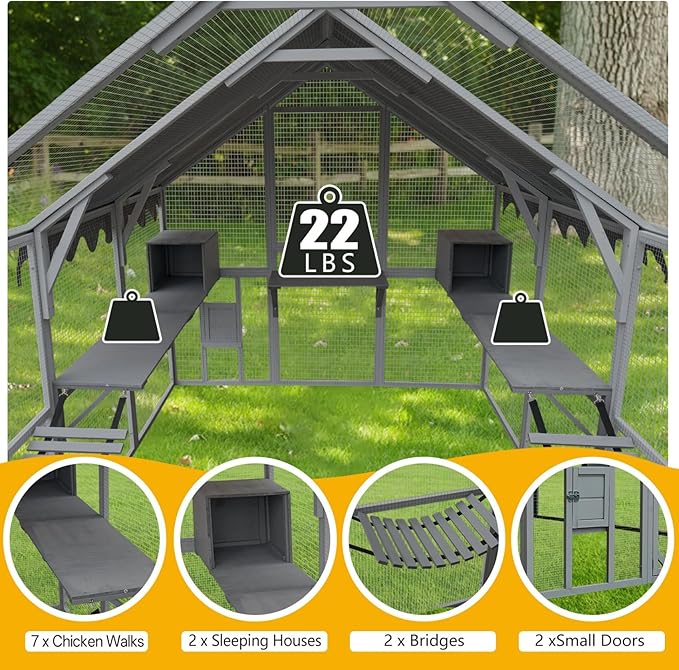 KEIKI 110"L Outdoor Large Chicken Coop with Waterproof Cover, Roosting Platform, Wire Mesh & 2 Lift Small Doors with Locks, Wood Chicken Coop House with Run for Cat Kitten Playpen, Duck, Rabbit, Quail