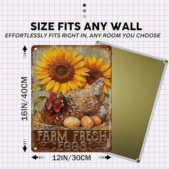 Farm Fresh Eggs Tin Sign Vintage Chicken Hen Rooster Sunflower Metal Sign Nostalgic Rustic Chicken Lovers Wall Decor Decorations for Home Farmhouse Poultry House Coop Yard Kitchen 16 * 12In