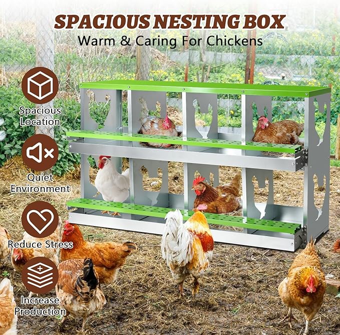 Chicken Nesting Box,Heavy Duty Metal Nest Boxes,8 Hole Roll Away Nesting Boxes,with Large Vented Holes,Wall-Mountable Chicken Coop Nesting Boxes,for Chickens,Ducks,Large Egg Boxes (Green 8 Hole)