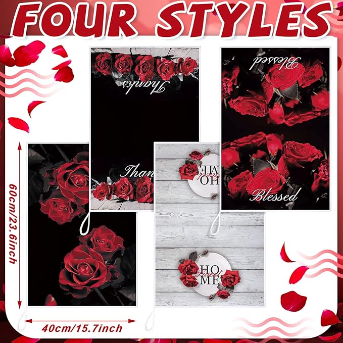 Geyoga 4 Pcs Chicken Kitchen Towels Rooster Dish Hand Towels Farm Animal Cow Vintage Rustic Tea Cloth for Spring Easter Bathroom Farmhouse Decor Gifts, 16 x 24 Inch(Red,Roses)