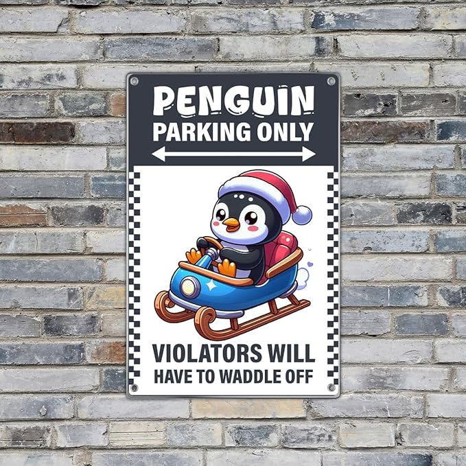 Penguin Parking Only Sign Metal 8 x 12 Inch Christmas Decor With Santa Hat Sled Design For Lovers Kids Room Winter Decoration Vintage Art Wall Home