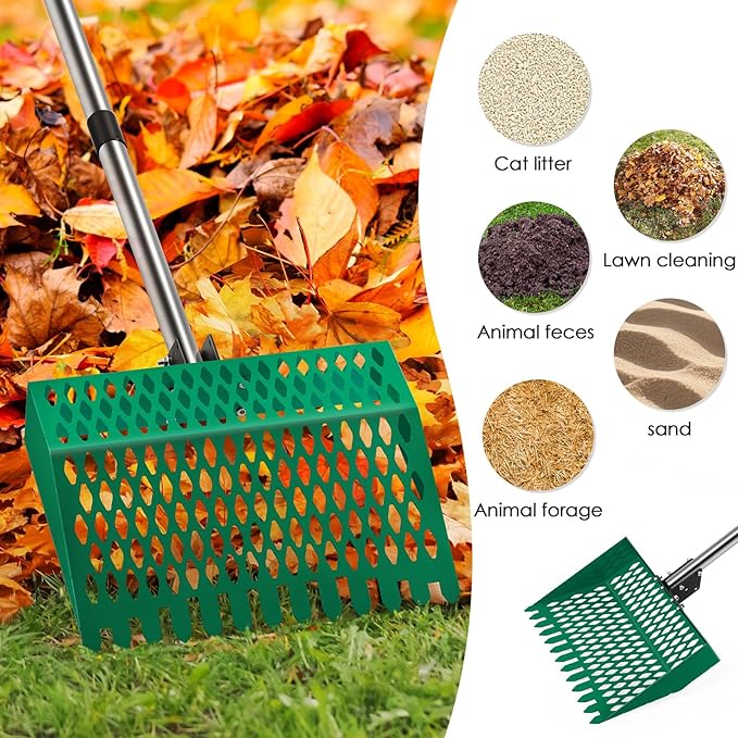 Adjustable Chicken Poop Scooper & Rake - Heavy Duty 3-in-1 Stainless Steel Manure Shovel with Long Handle Multi-Angle Scoop for Stand Up Coop Cleaning Cat Litter & Beach Sand, Green