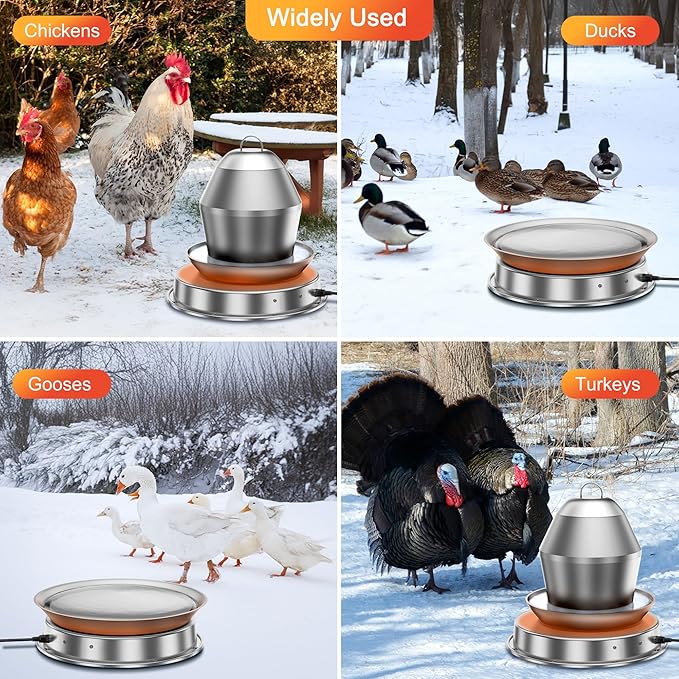 11in Chicken Water Heater for Drinker, 110W Poultry Waterer Heated Base for Metal Drinking Fountains