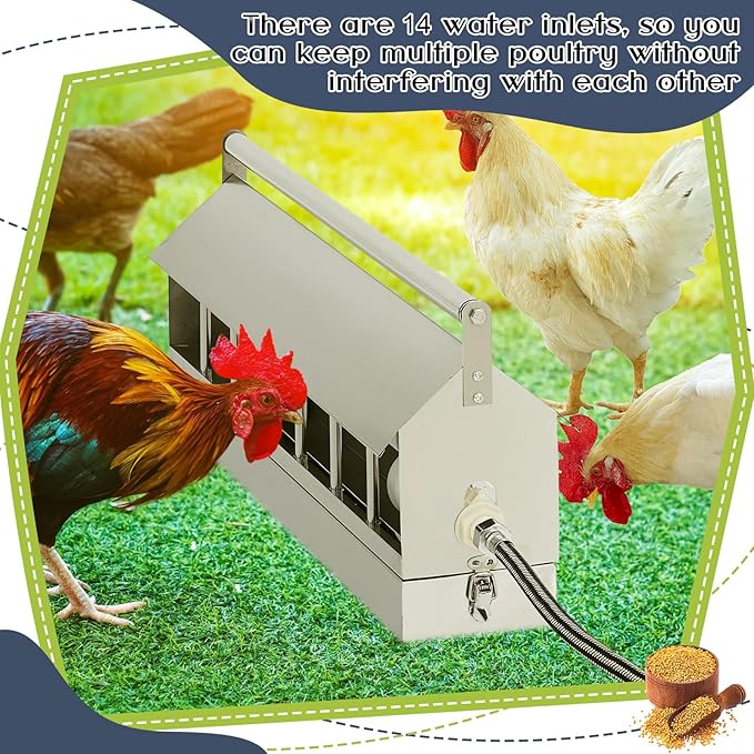 Automatic Chicken Waterer Stainless Steels 14 Windows Chicken Water Feeder Large Watering System with Float Valve Automatic Poultry Waterer for Duck Goose Pigeon Quail
