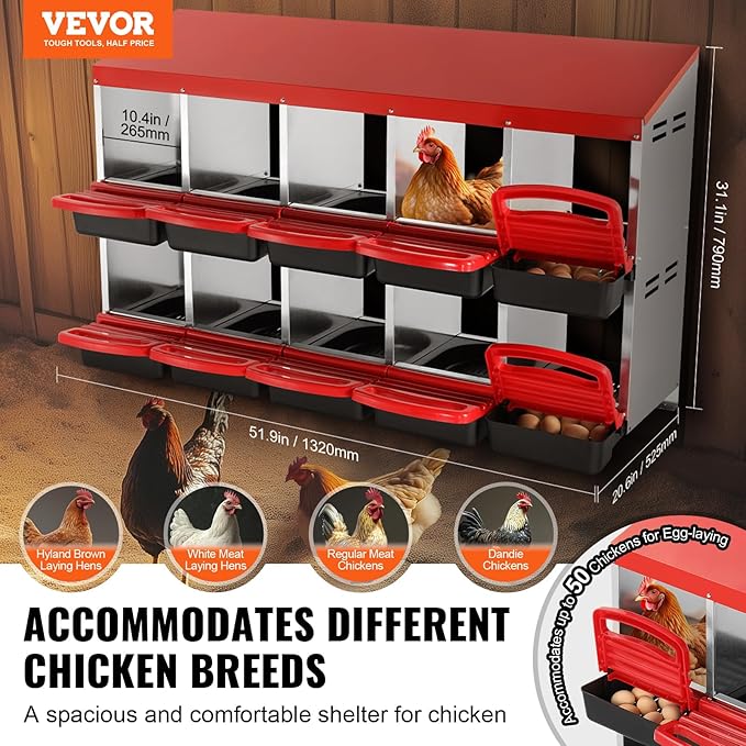 VEVOR Chicken Nest Box, 10-Compartment, 30 to 45 in Stable & Corrosion-Resistant Mental Nesting Boxes with Inclined Nesting Boxes, Bottom Holes & Resting Platform, Fit for Different Chicken Breeds