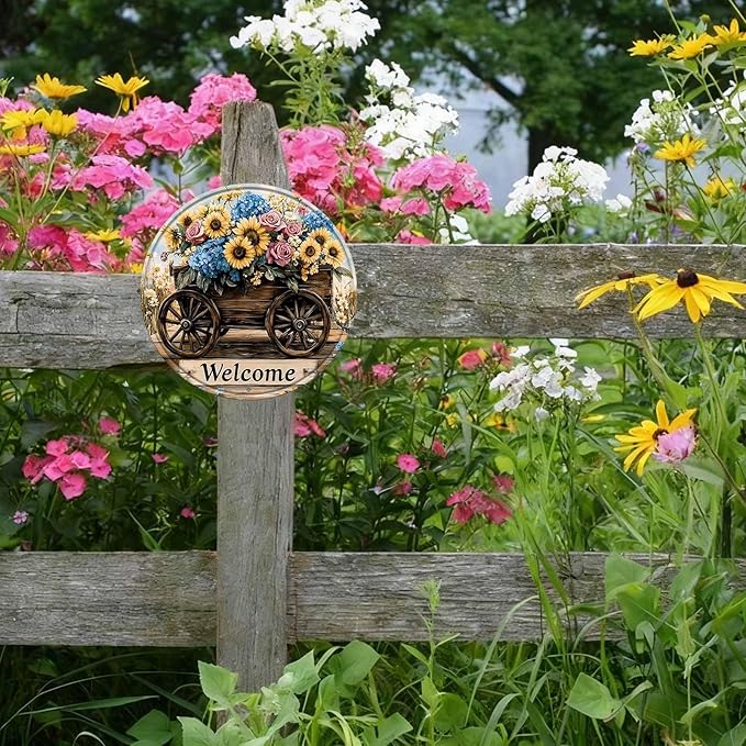 Round Flowers Welcome Metal Tin Sign Wreath Vintage Wall Decor for Farmhouse Home Kitchen Garden Office Backyard Patio 8x8inch