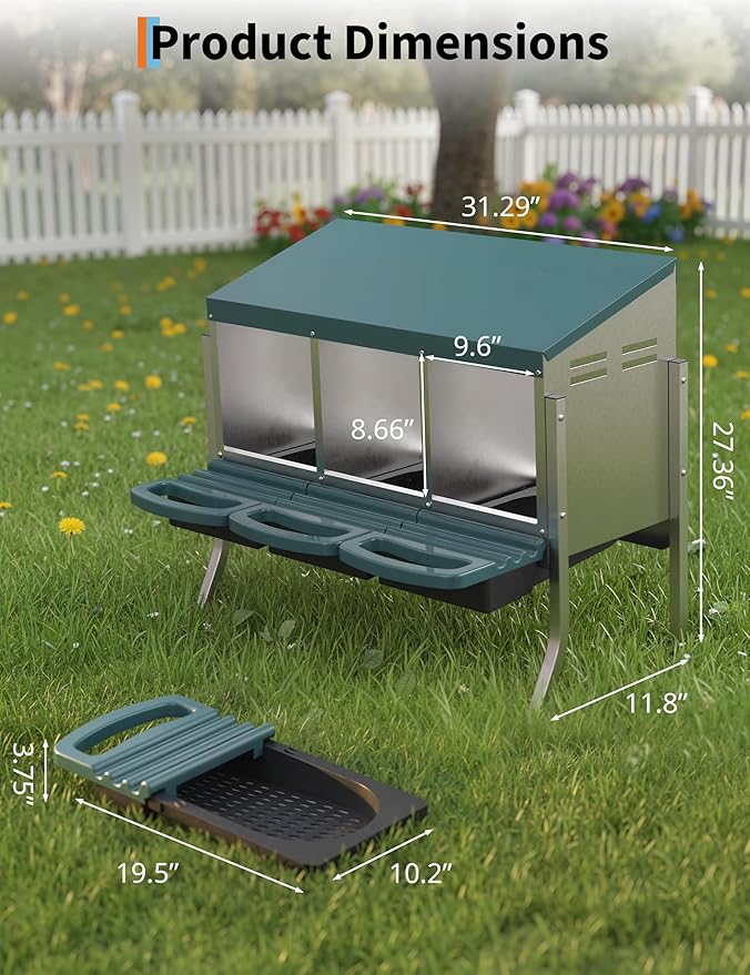 Chicken Nesting Box 3 Hole, Galvanized Steel Nest with Roll Away Egg Collection & Swing Perch, Easy-Clean Laying Box for Hens, Heavy Duty Design for Chicken Coop