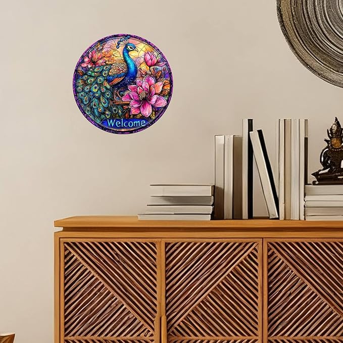 Peacock Round Metal Tin Sign Wreath Welcome Wreath Vintage Wall Art Decor for Home Garden Bar Decor 12x12inch