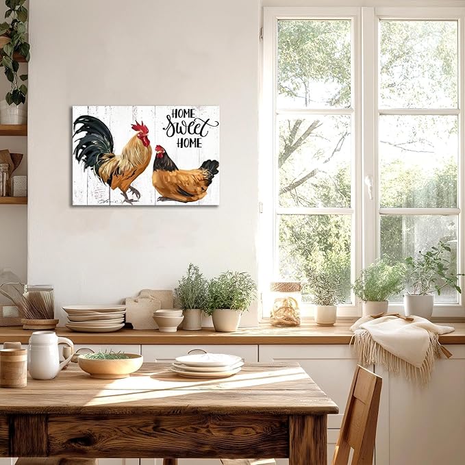 Farmhouse Rooster Wall Art Canvas Print - Rustic Kitchen Decor Painting for Home, Country Chicken Themed Artwork 10“x15"