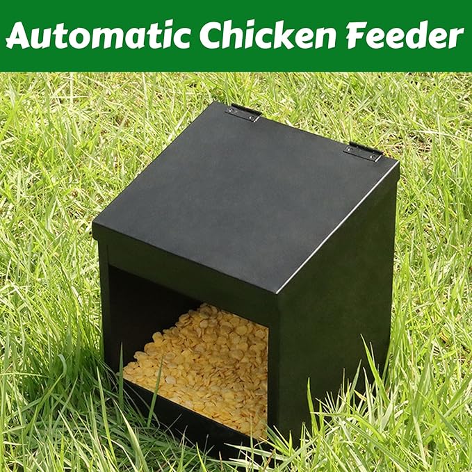 Metal Chicken Feeder,Automatic Chicken Grit and Oyster Shell Feeder Hanging or Ground Food Dispenser with Lid Coop Accessories Outside Suitable for Chickens Ducks Quails