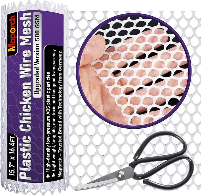 MaPorch Plastic Chicken Wire Mesh Fence with Scissors - White Mesh, 15.7" x 16.4 ft - Quick-Install Chicken Wire Fencing - Durable Garden Netting Plant Protectors from Animals - Pet & Poultry Netting