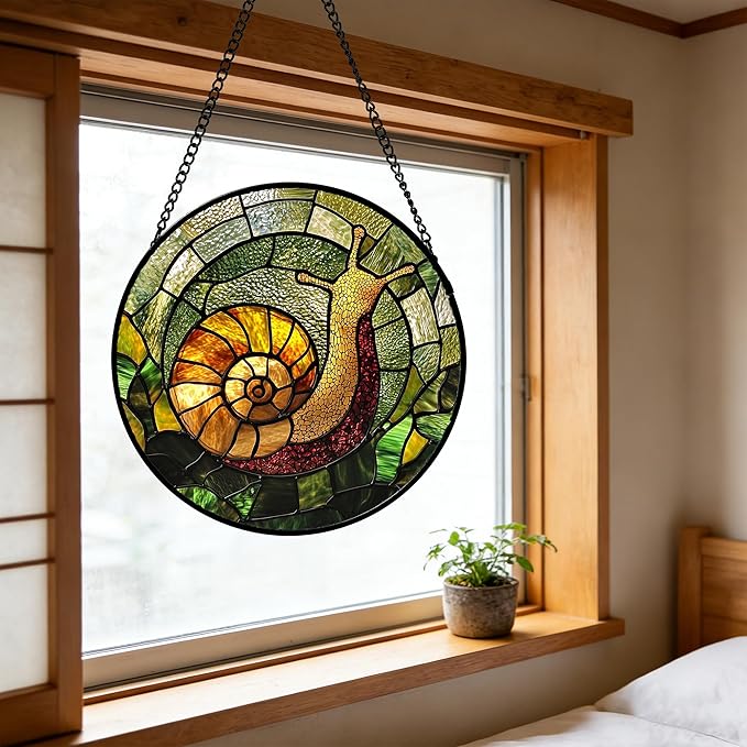 Stained Glass Window Hanging, Green Orange Snail Sun Catcher for Door Home Decor Suncatcher Christmas Mother's Day Birthday Gifts for Women Men Mom and Nana 7.8 in