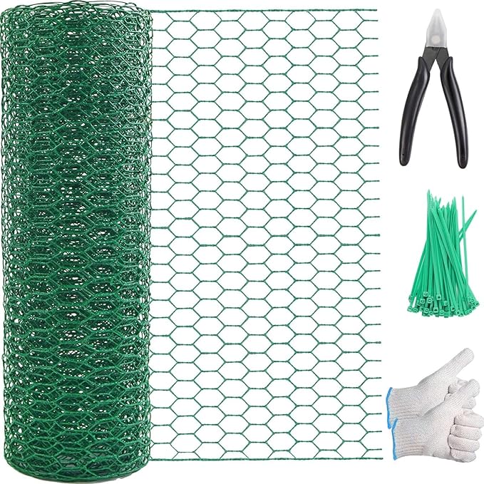 Chicken Wire 15.7in x 118in with a Pair of Gloves，1 Wire Cutter，50 Pcs Cable Zip Ties, Floral Chicken Wire Mesh 0.8in Hexagonal Galvanized PVC Coated Garden Netting Fence for Craft Poultry Garden