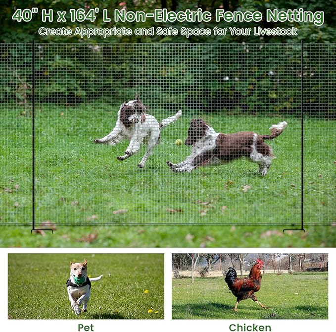 DoCred Non Electric Fence Netting, 40in x 164ft Portable Movable Livestock Nets Mesh for Chickens,Goats, Sheep, Dog, Reusable Nylon Animal Barrier Fencing Netting for Backyards, Farms Ranches