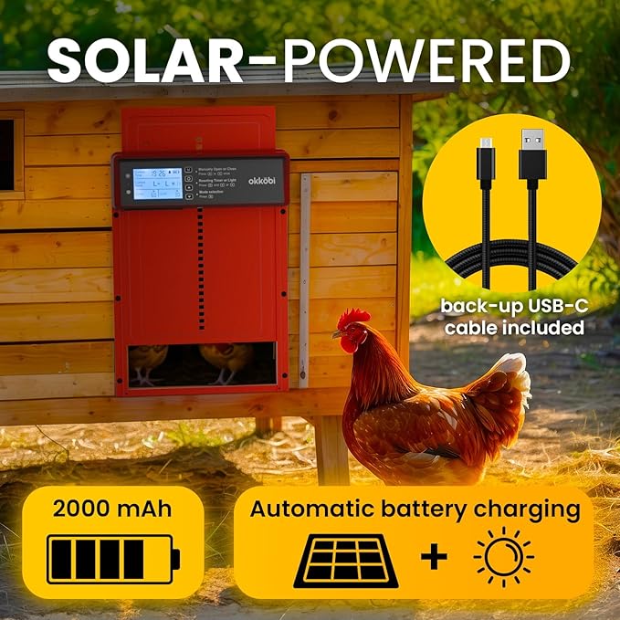 Okkobi Automatic Chicken Coop Door Solar Powered - LCD Display - Chicken Coop Door with Remote Control, Light Sensor & Timer - Security & Peace of Mind: Anti-Pinch Function - 5-Year Protection - Red