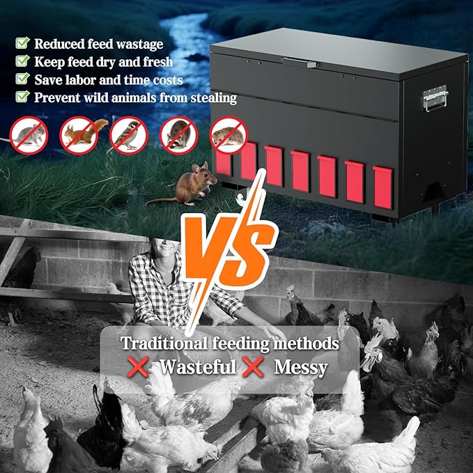 Automatic Chicken Feeder, 130lbs Capacity, 14 Ports Portable Poultry Feeder, Waterproof Metal Chicken Feeder, Suitable for Geese, Ducks, Turkeys, Quails