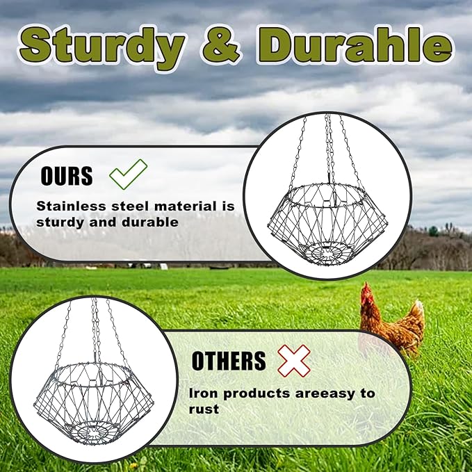 Hanging Chicken Feeder, Foldable Chicken Vegetable and Fruit Food Dispenser, Poultry Feeding Basket with 4 Hanging Chains, Poultry Feeding Vegetable Fast Food Ball (2 Pack)