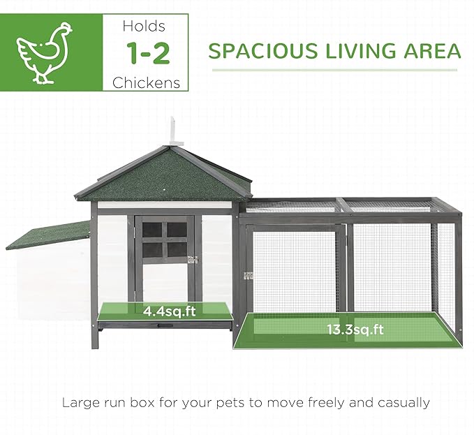 PawHut 77" Wooden Chicken Coop with Nesting Box, Cute Outdoor Hen House with Removable Tray, Ramp Run, for Garden Backyard, Gray