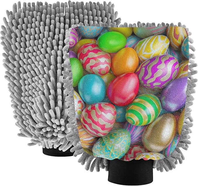 Colorful Easter Eggs Washing Mitts Car Wash Microfiber Absorbent Chenille Cleaning Scrub Pads Car Detailing Scratch Free, Medium x 2 Pack