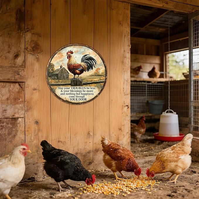 Rooster Kitchen Wall Decor Round Chicken Metal Signs Farm Rooster Crowing Sign Welcome To My Mother Kitchen Home Fence Wall Decor Vintage Chicken Coop Tin Poster 8 Inch