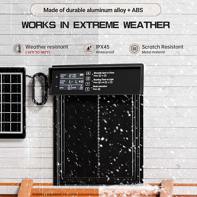 Waterproof Aluminum Alloy Solar Chicken House Door|Automatic Chicken Coop Door with Remote Control|Light Sensor|Solar Powered