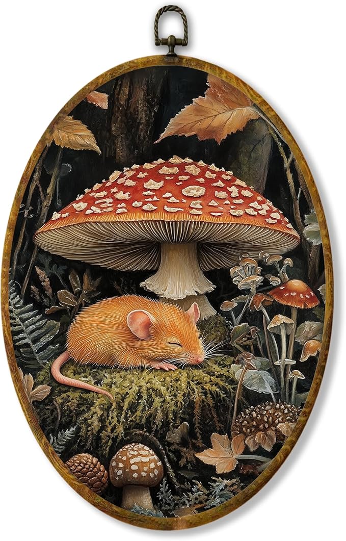 Hiuwevt Forest Mushroom Rat Oval Wall Art Decor, Mystical Woods Fern Plant Framed Canvas Prints, Cottagecore Mushroom Botanical Oval Wall Hanging Decor for Home Decorations, 8.6x11.4 Inches