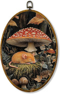 Hiuwevt Forest Mushroom Rat Oval Wall Art Decor, Mystical Woods Fern Plant Framed Canvas Prints, Cottagecore Mushroom Botanical Oval Wall Hanging Decor for Home Decorations, 8.6x11.4 Inches