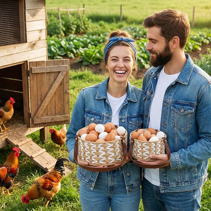 2 Size Egg Collecting Baskets with Handle for Collecting Chicken Fresh Eggs Farmhouse Wicker Basket Vintage Countertop Fruit Holder Detachable Faux Leather Handle for Storage Harvest Kitchen