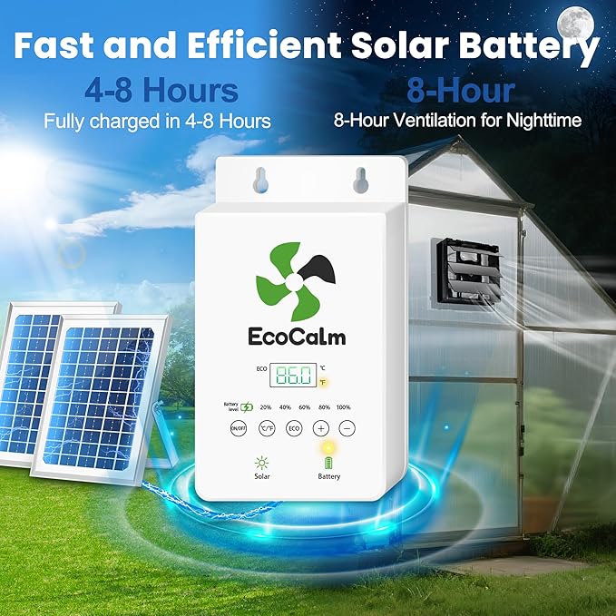 8" Solar Exhaust Fan with Battery and Adjustable Thermostat, Shutter Ventilation Fan for Greenhouse, Attic, Garage with 2PCS 15W Bifacial Solar Panels